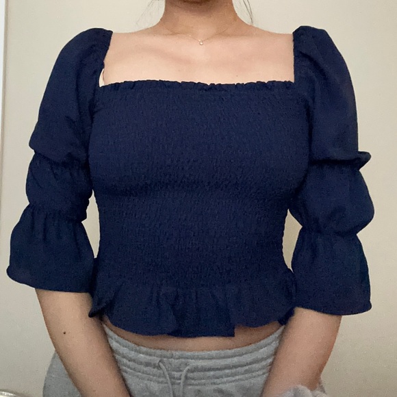 Idem Ditto Blue Puff Sleeve Smocked Bodice Blouse - Picture 1 of 4